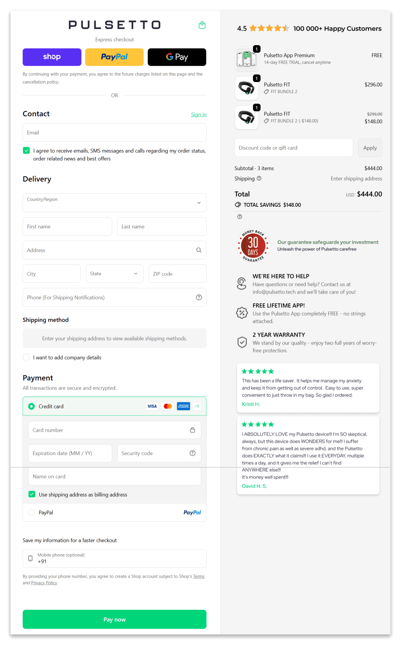 Pulsetto secure checkout page